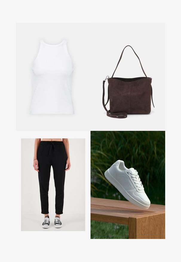 Bijela majica bez rukava napravljena od rebraste tkanine, s okruglim izrezom i uklapajućim siluetom, s minimalnim šavovima i bez ukrasa.; Crne, lagane, teksturirane hlače s pojasom za vezanje, suženim krojem i prevrnutim rubovima, uparene s crno-bijelim tenisicama.; Bijela tenisica sa glatkim sintetičkim gornjim dijelom, perforiranim prednjim dijelom, ravnim vezicama i teksturiranom potplatom, prikazana na drvenoj površini.; Smeđa suđena torba s mekanom teksturom, s jednim remenom za rame i suptilno zakrivljenim gornjim otvorom. Nema vidljivih dijelova od hardvera.