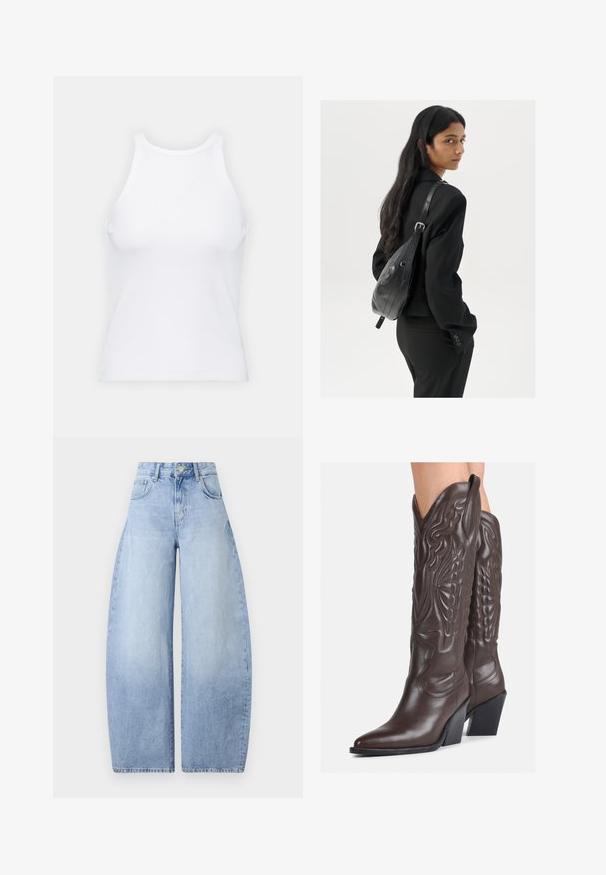 Valge ilma varrukateta T-särk, mis on valmistatud ribakangast, ümarate kaelustega ja kitseneva siluetiga, minimaalse õmbluste ning ilma kaunistusteta.; Heledad sinine, laiad teksapüksid, mis on valmistatud denimist. Kõrge vöökoha disain, viis taskut ja nupuga sulgemine. Puhtad viimistlused, ilma nähtavate mustriteta.; Pruunid nahast cowboy saapad terava varbaga ja plokk-kandaga, millel on detailne tikand ja kergelt tõstetud aktsendid varrel.; Pikkade tumehaired naine mustas ülikonnas, kandes musta nahast õlakotti, vaatab üle õla valge tausta taustal.