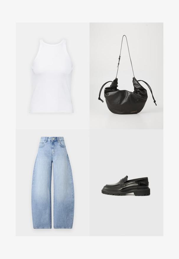 Valge ilma varrukateta T-särk, mis on valmistatud ribakangast, ümarate kaelustega ja kitseneva siluetiga, minimaalse õmbluste ning ilma kaunistusteta.; Heledad sinine, laiad teksapüksid, mis on valmistatud denimist. Kõrge vöökoha disain, viis taskut ja nupuga sulgemine. Puhtad viimistlused, ilma nähtavate mustriteta.; Mustad musta nahast libistatavad kingad ümarate varvastega, paksu tekstuuriga tallaga ja peene õmbluse detailiga. Tagaküljel on väike logo.; Musta pehmeast nahast õlavarre kott, millel on reguleeritav õhuke rihm, kogutud küljed, mis on seotud sõlmedega, ja väike kuldne logo esipinna alumises paremas nurgas.