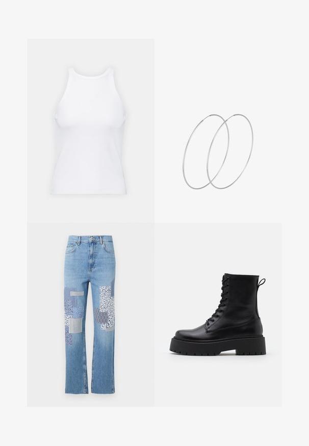 Top senza maniche bianco realizzato in tessuto a coste, caratterizzato da un collo arrotondato e una silhouette aderente, con cuciture minime e senza decorazioni.; Jeans di denim blu chiaro con un design a gamba larga, caratterizzati da vari toppe di tessuto a fantasia in blu e bianco sulla parte anteriore.; Stivaletti in pelle nera alla caviglia con punta rotonda, lace-up frontale e suola in gomma spessa con battistrada textured. Tassello sul retro.; Orecchini a cerchio in argento con un design minimalista. Forma circolare, superficie liscia e profilo sottile. Leggeri con una finitura lucida.