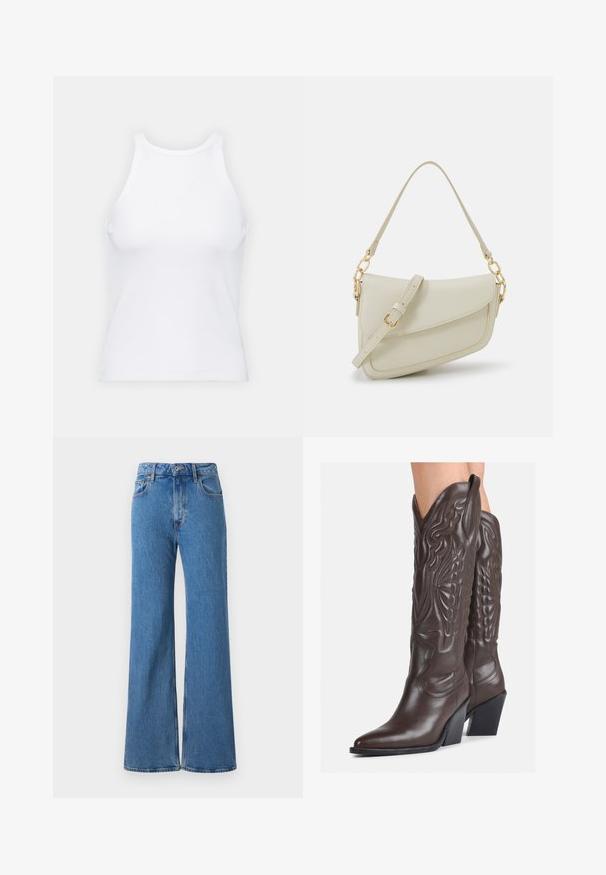 Bela brezrokavna majica iz rebraste tkanine, z zaobljenim izrezom in prilegajočim silhueto, z minimalnimi šivi in brez okraskov.; Široke modre kavbojke z visokim pasom, ki vključujejo klasičen pet žepni dizajn in robove z naravno končnico, narejene iz teksturirane bombažne tkanine.; Rjave usnjene kavbojske čevlje z ostrim nosom in blok peto, ki vsebujejo podrobno šivanje in dvignjene dodatke na zgornjem delu.; Mala kremna torbica z teksturiranim zaključkom, dolgim nastavljivim trakom, verižnim poudarkom in zapiranjem na poklop. Detajli iz zlatega kovinskega materiala.