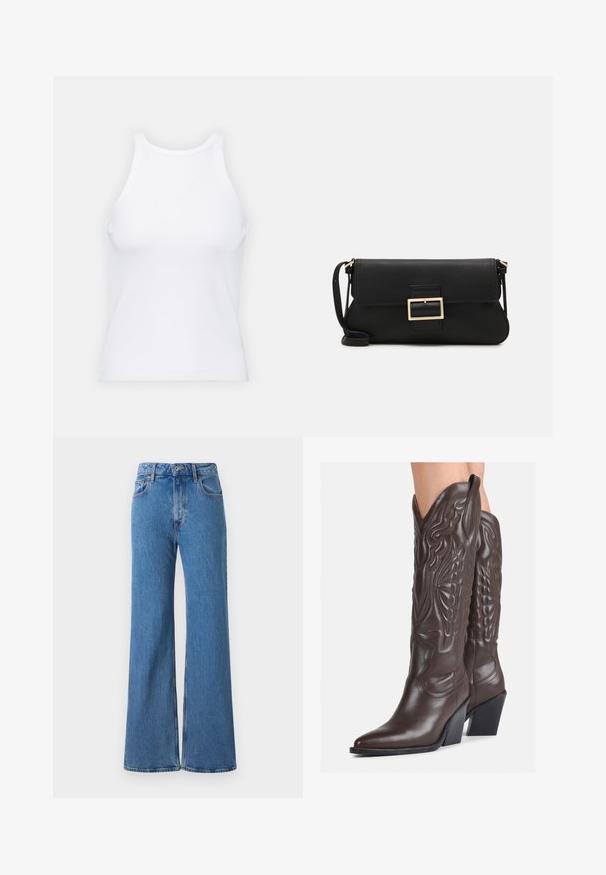 Bílý bezrukávový top vyrobený z ribbed látky, s kulatým výstřihem a přiléhavým střihem, s minimem švů a bez ozdob.; Modré džíny s širokými nohavicemi a vysokým pasem, s klasickým pětikapsovým designem a detailními okraji, vyrobené z texturované bavlněné tkaniny.; Hnědé kožené kovbojské boty s špičatou špičkou a blokovým podpatkem, se zdobným prošíváním a vyvýšenými akcenty na nárazu.; Černá kožená psaníčko s klopou a zlatým kovovým detailním sponou. Součástí je černý popruh a elegantní, minimalistický design.