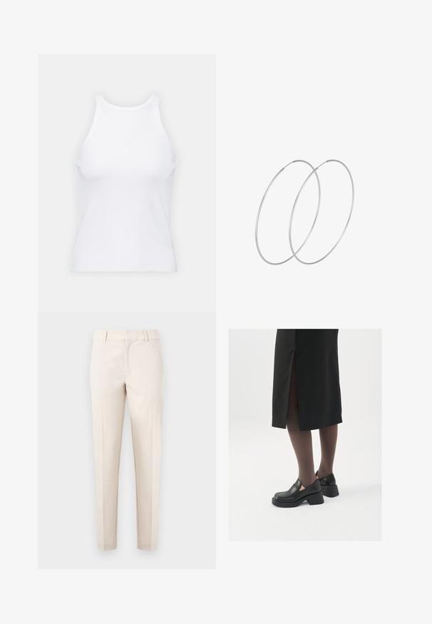 White sleeveless tank top made of ribbed fabric, featuring a rounded neckline and a fitted silhouette, with minimal seams and no embellishments.; Beige trousers made of a soft, smooth fabric. Feature a straight leg design, flat front with pockets, and a waistband with belt loops.; Black leather shoes with a rounded toe, thick block heel, and elastic side accents, paired with dark tights and a black skirt with a slit.; Silver hoop earrings with a minimalist design. Circular shape, smooth texture, and thin profile. Lightweight with a polished finish.