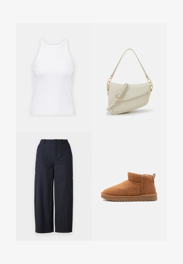 Bela brezrokavna majica iz rebraste tkanine, z zaobljenim izrezom in prilegajočim silhueto, z minimalnimi šivi in brez okraskov.; Morske široke hlače z gladko teksturo, ravnim sprednjim delom in pasom. Narejene iz lahkega materiala, nudijo sproščen kroj.; Call it Spring JAMIELEE - Zimski škornji - camel; Mala kremna torbica z teksturiranim zaključkom, dolgim nastavljivim trakom, verižnim poudarkom in zapiranjem na poklop. Detajli iz zlatega kovinskega materiala.