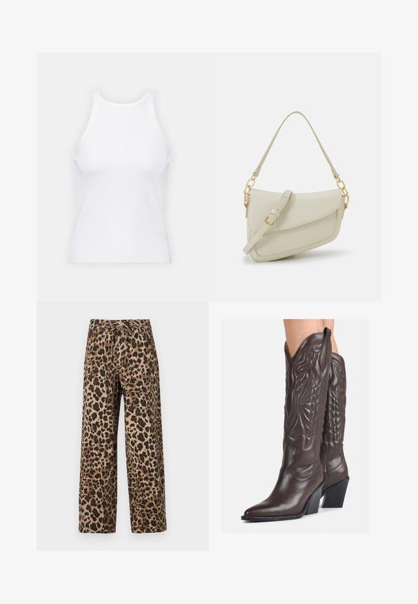 Valge ilma varrukateta T-särk, mis on valmistatud ribakangast, ümarate kaelustega ja kitseneva siluetiga, minimaalse õmbluste ning ilma kaunistusteta.; Prindi leopardimustriga laiad püksid pruunides ja mustades toonides, millel on nööriga talje ja kerge tekstuuriga kangas.; Pruunid nahast cowboy saapad terava varbaga ja plokk-kandaga, millel on detailne tikand ja kergelt tõstetud aktsendid varrel.; Väike kreemjas käekott tekstureeritud viimistlusega, pikendatav rihm, ketiläbimõõt ja klapiga sulgemine. Kuldsed metalldetailid.
