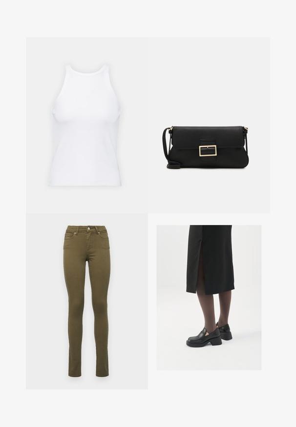 Weißes ärmelloses Tanktop aus geripptem Stoff, mit rundem Ausschnitt und figurbetonter Silhouette, minimalen Nähten und ohne Verzierungen.; Olivgrüne Slim-Fit-Jeans aus Baumwollmischung mit normaler Leibhöhe, fünf Taschen und dezenten Nähten entlang der Säume.; Schwarze Lederschuhe mit abgerundetem Zeh, dicker Blockabsatz und elastischen seitlichen Akzenten, kombiniert mit dunklen Strumpfhosen und einem schwarzen Rock mit Schlitz.; Schwarze Leder-Clutch mit Klappe und goldfarbenem Metallschnallen-Detail. Enthält einen schwarzen Riemen und ein schlankes, minimalistisches Design.; Silberne Creolen mit gedrehter Gestaltung, ausgestattet mit einer polierten Oberfläche und einer Steckverschluss. Sie haben einen Durchmesser von ca. 3 cm.