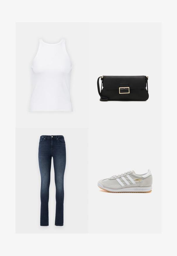 Top de tirantes blanco sin mangas hecho de tela acanalada, con un escote redondeado y una silueta ajustada, con costuras mínimas y sin adornos.; Vaqueros de denim oscuro con un ajuste slim, cintura alta, diseño de cinco bolsillos y cierre de botón metálico. Textura suave con un ligero desgastado.; Zapatilla de color gris claro hecha de ante y malla, con tres franjas blancas, punta redonda y suela de goma. Acento en logo dorado cerca de los cordones.; Bolso de mano de cuero negro con una solapa y un detalle de hebilla de metal dorado. Incluye una correa negra y un diseño elegante y minimalista.; Pendientes de aro de plata con diseño retorcido, que presentan un acabado pulido y cierre de presión. Miden aproximadamente 3 cm de diámetro.