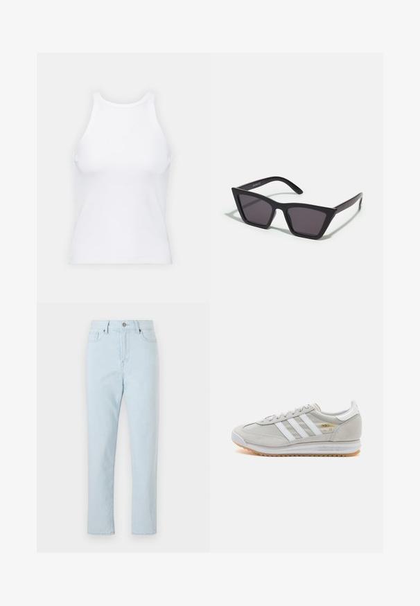 White sleeveless tank top made of ribbed fabric, featuring a rounded neckline and a fitted silhouette, with minimal seams and no embellishments.; High-waisted light blue straight-leg jeans with front pockets, belt loops, button closure, and visible stitching down the legs.; Light grey sneaker made of suede and mesh, featuring three white stripes, round toe, and a gum rubber sole. Gold logo accent near laces.; Black, angular sunglasses with gray lenses; made of plastic, featuring thick arms with a smooth surface and no visible hardware.; Silver hoop earrings with a twisted design, featuring a polished finish and post-back closure. Measure approximately 3 cm in diameter.