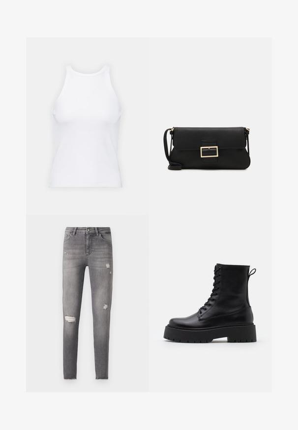 Fehér ujjatlan trikó ribbed anyagból, lekerekített nyakkivágással és testhez simuló siluettel, minimális varrásokkal és díszítések nélkül.; Feszes farmernadrág, kopott szürke denim anyagból, mindkét térdnél elhasználódott lyukakkal és enyhén rojtos szegéllyel. Klasszikus 5 zsebes kialakítás.; Fekete bőr bokacsizma, kerek orral, fűzős elülső résszel és vastag, texturált gumitalppal. Húzófül hátul.; Fekete bőr kézitáska hajtóka részlettel és aranyszínű fém csattal. Tartalmaz egy fekete pántot és egy letisztult, minimális dizájnt.