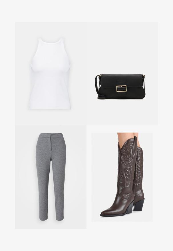 Débardeur blanc sans manches en tissu côtelé, doté d'un col rond et d'une silhouette ajustée, avec des coutures minimales et sans ornements.; Leggings gris en tricot avec un design ajusté, taille haute et texture lisse. Présentent un motif subtil et aucun matériel visible.; Bottes de cowboy en cuir marron avec un bout pointu et un talon bloc, présentant des coutures détaillées et des accents en relief sur la tige.; Pochette en cuir noir avec un rabat et un détail en boucle en métal doré. Inclut une sangle noire et un design épuré et minimaliste.; Boucles d'oreilles en argent en forme de créoles avec un design torsadé, dotées d'une finition polie et d'une fermeture à poussoir. Mesurent environ 3 cm de diamètre.