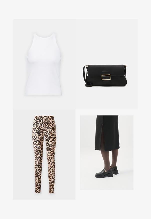 Valkoinen hihaton toppi, joka on valmistettu ribbikankaasta, ja jossa on pyöreä pääntie ja tiukka siluetti, minimaalisin saumoin ja ilman koristeita.; ONLY ONLKIM - Leggingsit - cuban sand; Mustat nahkakengät pyöreällä kärjellä, paksulla lohkopohjalla ja joustavilla sivuakkesseilla, yhdistettynä tummiin sukkahousuihin ja mustaan hameeseen, jossa on halkio.; Musta nahkainen kynäpenkkilaukku, jossa on läppä ja kultainen metallinen solkiyksityiskohta. Mukana musta hihna ja tyylikäs, minimalistinen muotoilu.