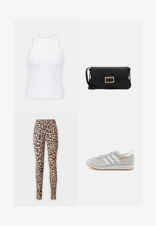 Balta bezpiedurkņu topiņš no ribotā auduma, ar noapaļotu kakla izgriezumu un pieguļošu siluetu, ar minimālām šuvēm un bez rotājumiem.; ONLY ONLKIM  - Legingi — bikses - cuban sand; Gaišpelēka kedas, izgatavotas no zamša un sieta, ar trim baltām svītrām, apaļu purngalu un gumijas zoli. Zelta logo akcenta detaļa blakus auklām.; Melnas ādas saķeres soma ar atloku un zelta metāla sprādzi. Ietver melnu siksnu un elegantu, minimālistisku dizainu.; Sudraba gredzenveida auskari ar savītu dizainu, kas ir ar pulētu apdari un ar aizmugurēju fiksāciju. Izmērs ir aptuveni 3 cm diametrā.