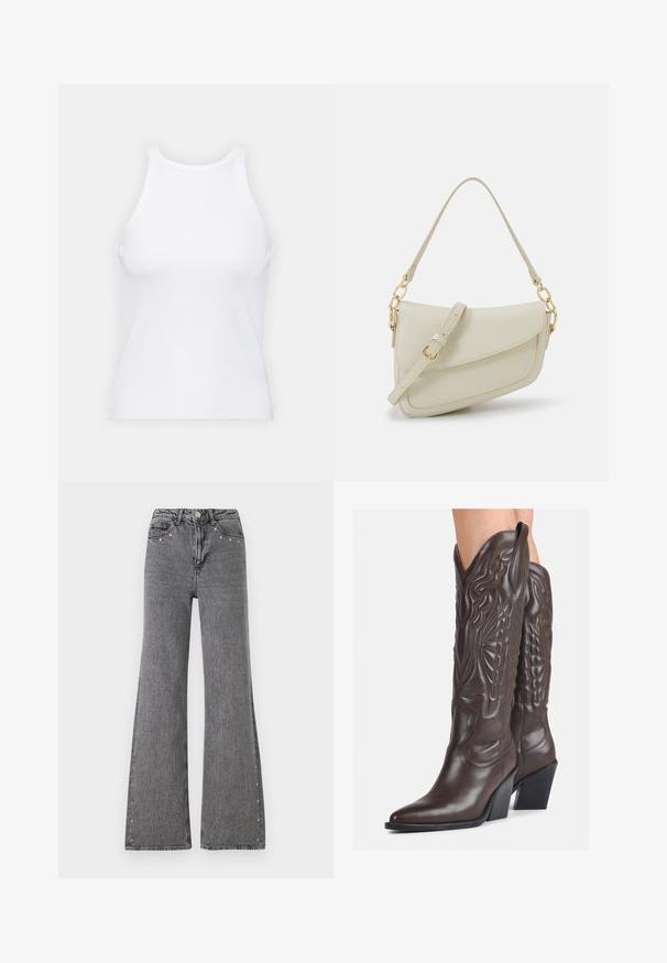 Vit ärmlös linne av ribbat tyg, med rundad halsringning och smal silhuett, med minimala sömmar och utan dekorationer.; Grå denimjeans med vida ben, hög midja, fickor fram och dekorativa nitar längs sömmarna. Slät struktur.; Bruna lädercowboystövlar med spetsig tå och klossklack, med detaljerad sömnad och upphöjda accenter på skaftet.; Liten gräddfärgad handväska med en strukturerad finish, en lång justerbar rem, en kedjedetalj och en klaffstängning. Guldfärgad hårdvara.