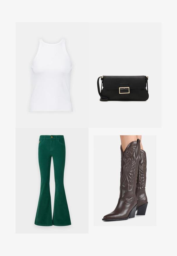 Bela brezrokavna majica iz rebraste tkanine, z zaobljenim izrezom in prilegajočim silhueto, z minimalnimi šivi in brez okraskov.; Zelene trapezne jeans hlače iz gladkega materiala, z gumbnim zapiranjem, petimi žepi in klasičnim dizajnom z visokim pasom.; Rjave usnjene kavbojske čevlje z ostrim nosom in blok peto, ki vsebujejo podrobno šivanje in dvignjene dodatke na zgornjem delu.; Črna usnjena torbica na preklop z zlato kovinsko zaponko. Vključuje črn trak in eleganten, minimalističen dizajn.; Srebrni uhani v obliki obročka s spiralnim dizajnom, ki imajo sijajno površino in zapiralo na zadnji strani. Mere znašajo približno 3 cm v premeru.