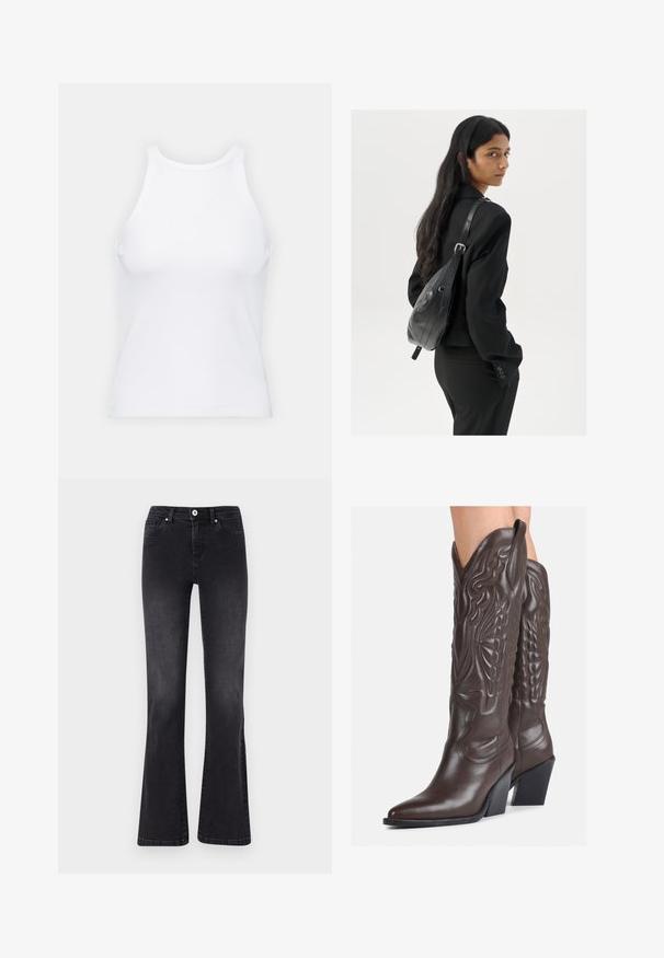 Top senza maniche bianco realizzato in tessuto a coste, caratterizzato da un collo arrotondato e una silhouette aderente, con cuciture minime e senza decorazioni.; Jeans neri a palazzo in denim, con chiusura a bottone, cinque tasche e un leggero effetto vissuto. Dettagli cuciti lungo le cuciture.; Stivali da cowboy in pelle marrone con punta affusolata e tacco a blocco, caratterizzati da dettagliati ricami e accenti rialzati sul gambale.; Donna con lunghi capelli scuri, vestita con un completo nero, che porta una borsa a tracolla in pelle nera, mentre guarda oltre la spalla su uno sfondo bianco.