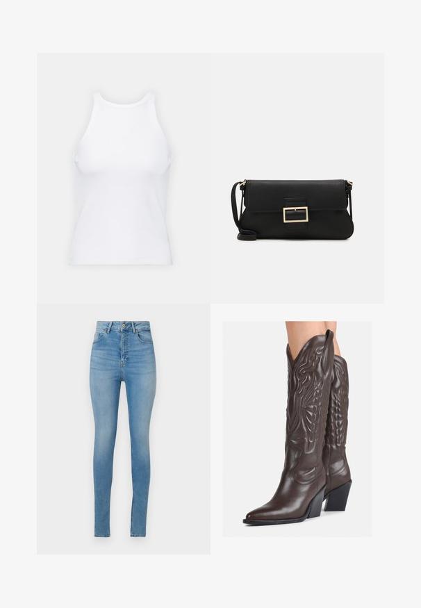Top de tirantes blanco sin mangas hecho de tela acanalada, con un escote redondeado y una silueta ajustada, con costuras mínimas y sin adornos.; Jeans ajustados de cintura alta en denim azul claro. Con bucles para el cinturón, cierre frontal con botón y diseño estándar de cuatro bolsillos.; Botas de vaquero de cuero marrón con punta afilada y tacón cuadrado, que presentan costuras detalladas y acentos elevados en el caño.; Bolso de mano de cuero negro con una solapa y un detalle de hebilla de metal dorado. Incluye una correa negra y un diseño elegante y minimalista.; Pendientes de aro de plata con diseño retorcido, que presentan un acabado pulido y cierre de presión. Miden aproximadamente 3 cm de diámetro.