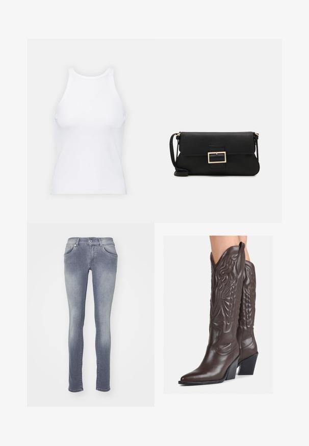Fehér ujjatlan trikó ribbed anyagból, lekerekített nyakkivágással és testhez simuló siluettel, minimális varrásokkal és díszítések nélkül.; Közepes szürke mosású skinny farmernadrág, denim anyagból készült. Öt zsebet, övszegélyeket és elhalványult hatást mutat a combok és a térdek környékén.; Barna bőr cowboy csizmák hegyes orral és blokk sarkal, részletes varrással és kiemelkedő díszítésekkel a szárán.; Fekete bőr kézitáska hajtóka részlettel és aranyszínű fém csattal. Tartalmaz egy fekete pántot és egy letisztult, minimális dizájnt.; Arany fülbevalók sima, fényes felülettel. Kör alakú dizájn, amely kis kapoccsal és átlátszó tartozékkal rendelkezik a biztonságos viselés érdekében.