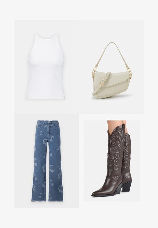 Balta bezpiedurkņu topiņš no ribotā auduma, ar noapaļotu kakla izgriezumu un pieguļošu siluetu, ar minimālām šuvēm un bez rotājumiem.; Gaiši zili džinsi ar brīvu, platu piegriezumu un izsistu ķiršu ziedu rakstu gaišākā tonī. Klasisks piecu kabatu dizains.; Brūni ādas kovboju zābaki ar norādītu purngalu un blokveida papēdi, ar detalizētu šūšanu un paceltiem akcentiem uz kājas daļas.; Maza krēmkrāsas rokas soma ar teksturētu apdari, garu regulējamu siksniņu, ķēdes akcentu un vāciņa aizdari. Zelta aparatūras detaļas.