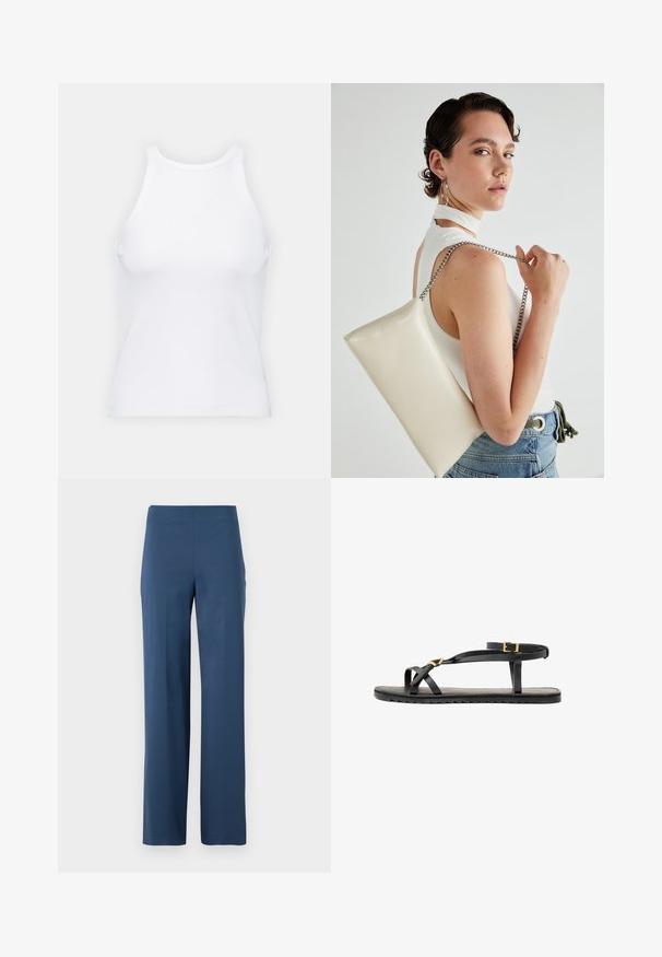 Top alb fără mâneci, confecționat din material ribbed, prezentând un decolteu rotund și o siluetă ajustată, cu cusături minime și fără ornamente.; Pantaloni largi, de culoare albastru închis, realizați dintr-un material moale și elastic. Au talie înaltă și un design curat, neîmpodobit, fără buzunare.; Sandale negre din piele, cu curele subțiri și o curea cu cataramă la gleznă. Talpă plată cu un finisaj texturat și margine în zigzag. Design minimalist.; Geantă de clutch rectangulară albă, realizată dintr-un material lucios, având o curea de lanț argintie. Modelul pozează, evidențiind geanta pe un fundal simplu.