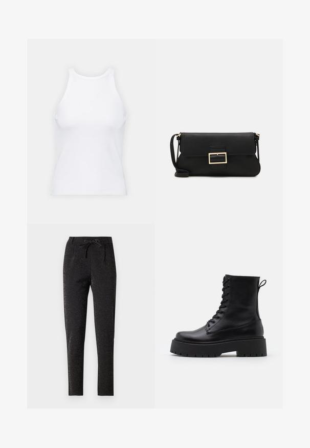 Balta bezpiedurkņu topiņš no ribotā auduma, ar noapaļotu kakla izgriezumu un pieguļošu siluetu, ar minimālām šuvēm un bez rotājumiem.; Melnas bikses ar smalku spīduma efektu, ar ceļa auklu viduklī, pielāgotu dizainu un šaurām kājām, lai veidotu piegulīgu siluetu.; Melni ādas potītēm zābaki ar apļveida purngalu, auklām priekšpusē un biezu gumijas zoli ar teksturētu protektoru. Velkšanas cilpa aizmugurē.; Melnas ādas saķeres soma ar atloku un zelta metāla sprādzi. Ietver melnu siksnu un elegantu, minimālistisku dizainu.