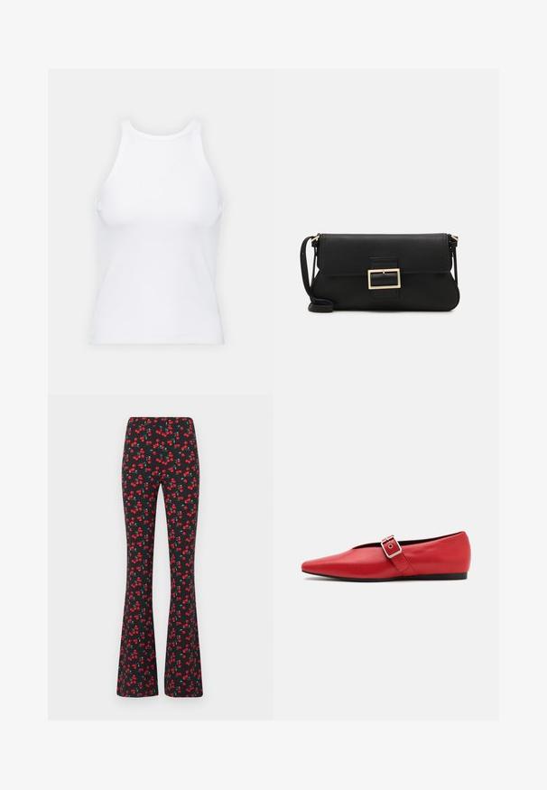 Valge ilma varrukateta T-särk, mis on valmistatud ribakangast, ümarate kaelustega ja kitseneva siluetiga, minimaalse õmbluste ning ilma kaunistusteta.; Laiendatud püksid venivast mustast kangast, millel on kirsi muster punases ja rohelises. Omab sujuvat vööosa ja kerget tekstuuri.; Punane nahast lameda tallaga king, millel on terav nina, külje peal rihm metallklambriga ja madal must konts. Ühtlane sile tekstuur.; Must haben musta nahkklahviga kott, millel on klapp ja kuldne metallist pandla detail. Kaasas must rihm ja stiilne, minimalistlik disain.