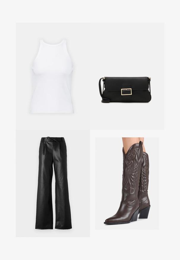 Débardeur blanc sans manches en tissu côtelé, doté d'un col rond et d'une silhouette ajustée, avec des coutures minimales et sans ornements.; Pantalons large en simili cuir noir à taille haute, dotés de plis, d'une fermeture à cordon et d'une texture lisse et brillante.; Bottes de cowboy en cuir marron avec un bout pointu et un talon bloc, présentant des coutures détaillées et des accents en relief sur la tige.; Pochette en cuir noir avec un rabat et un détail en boucle en métal doré. Inclut une sangle noire et un design épuré et minimaliste.