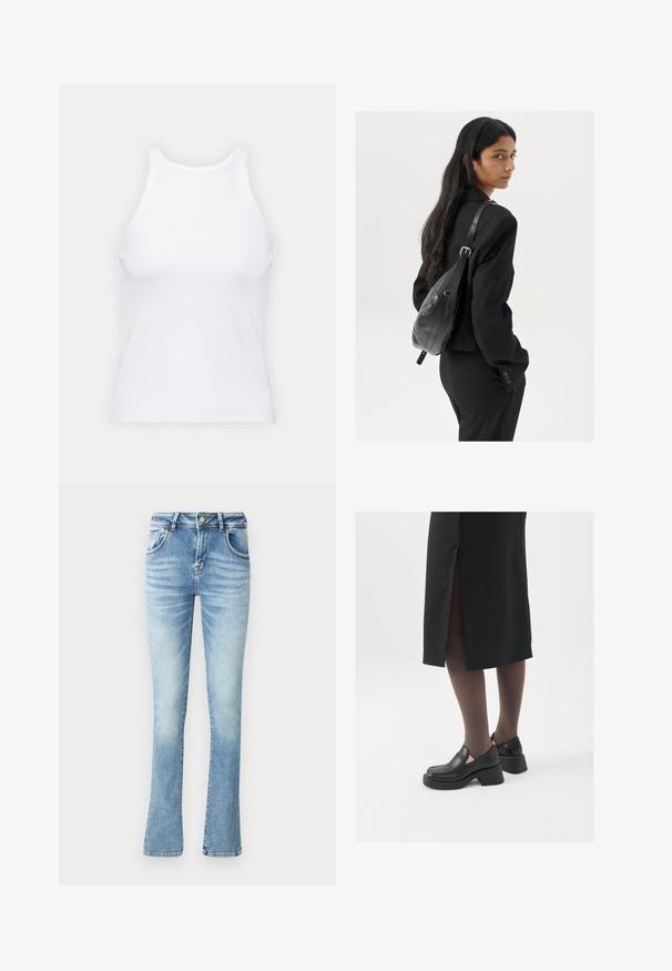 Bijela majica bez rukava napravljena od rebraste tkanine, s okruglim izrezom i uklapajućim siluetom, s minimalnim šavovima i bez ukrasa.; Svijetloplave traperice s flared krojem, srednjeg struka, s pet džepova, šivenim šavovima i blagim izblijeđenjem na bedrima za izgled istrošenosti.; Crne kožne cipele s zaobljenim vrhom, debelim blok petama i elastičnim bočnim detaljima, uparene s tamnim čarapama i crnom suknjom s prorezom.; Žena s dugom tamnom kosom koja nosi crno odijelo, drži crnu kožnu torbu preko ramena i gleda unazad na bijeloj pozadini.