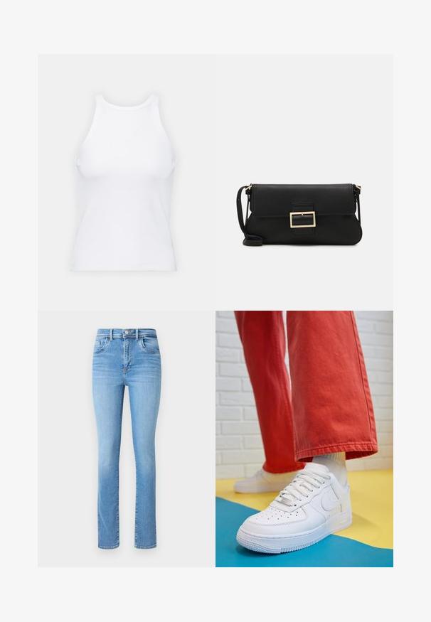 Valge ilma varrukateta T-särk, mis on valmistatud ribakangast, ümarate kaelustega ja kitseneva siluetiga, minimaalse õmbluste ning ilma kaunistusteta.; Heled sinise denimi teksad, sirge jala disain, kõrge talje, traditsiooniline viie tasku stiil ja peened fadeeritud detailid.; Valge nahast tennis, millel on perforeeritud varvas, tekstureeritud tallad ja valged shoelaces, kombineeritud laia punase pükste ja sinise ning kollase taustaga.; Must haben musta nahkklahviga kott, millel on klapp ja kuldne metallist pandla detail. Kaasas must rihm ja stiilne, minimalistlik disain.; Kuldne rõngassõrmused sileda ja läikiva viimistlusega. Ringikujuline disain, millel on väike post ja selge tagumine külg, et tagada kindel kandmine.