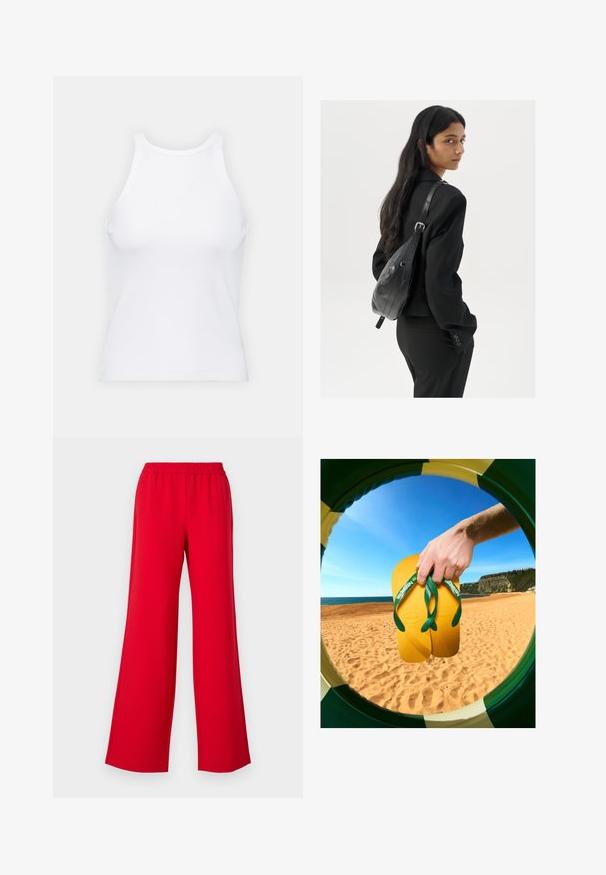 Witte mouwloze tanktop van ribstof, met een ronde halslijn en een aansluitende pasvorm, met minimale naden en zonder versieringen.; Rode wijde broekspijpen met een elastische tailleband, gemaakt van een glad, lichtgewicht materiaal. Het ontwerp bevat geen zichtbare hardware of patronen.; Geel flip-flops met groene straps en textuurzolen worden vastgehouden door een hand, bekeken door een cirkelvormig frame tegen een achtergrond van het strand.; Vrouw met lang donker haar in een zwart pak, met een zwart leren schoudertas, die over haar schouder kijkt tegen een witte achtergrond.
