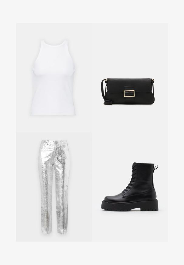 Top senza maniche bianco realizzato in tessuto a coste, caratterizzato da un collo arrotondato e una silhouette aderente, con cuciture minime e senza decorazioni.; Pantaloni metallici argento con una texture increspata. Design a gamba dritta, tasche frontali e chiusura con zip. Superficie liscia e riflettente.; Stivaletti in pelle nera alla caviglia con punta rotonda, lace-up frontale e suola in gomma spessa con battistrada textured. Tassello sul retro.; Borsa a mano in pelle nera con patta e dettaglio in metallo dorato. Include una tracolla nera e un design elegante e minimalista.