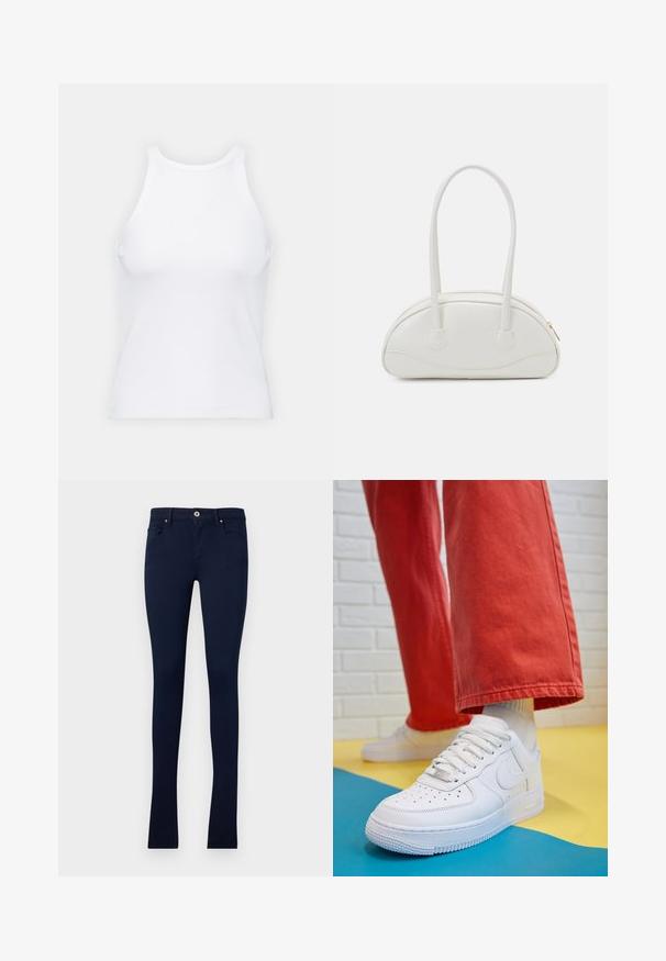 Top de tirantes blanco sin mangas hecho de tela acanalada, con un escote redondeado y una silueta ajustada, con costuras mínimas y sin adornos.; Pantalones skinny de mezclilla azul marino fabricados con denim elástico, que cuentan con un cierre frontal de botón, cinco bolsillos y detalles de costura sutiles.; Zapatilla de cuero blanco con caja de dedos perforada, suela texturizada y cordones blancos, combinada con pantalones rojos amplios y un fondo azul y amarillo.; Even&Odd Bolso de mano - off-white; Pendiente de metal en tono dorado con un diseño elegante y curvado. Presenta una forma puntiaguda distintiva, superficie pulida y cierre de bisagra.