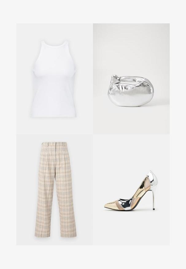 Valge ilma varrukateta T-särk, mis on valmistatud ribakangast, ümarate kaelustega ja kitseneva siluetiga, minimaalse õmbluste ning ilma kaunistusteta.; Beisi pliidiga püksid laia säärega, millel on sinise ja pruuni tooni kerge ruuduline muster. Valmistatud kergest kangast, millel on voltidega vöökoht.; Kitsas toe kõrge kontsaga kingad, millel on hõbedane, kuldne ja nude värvilahendus. Läikiv viimistlus lõikekujundusega, stiletto konts.; Hõbedane metallikoti kott pehme, ümar kuju ja sõlme ülemise sulgemisega. Valmistatud siledast kunstnahast materjalist.; Hõbedased rõngastikkaehingad minimalistlikus disainis. Ümar kuju, sile tekstuur ja õhuke profiil. Kerged ning poleeritud viimistlusega.