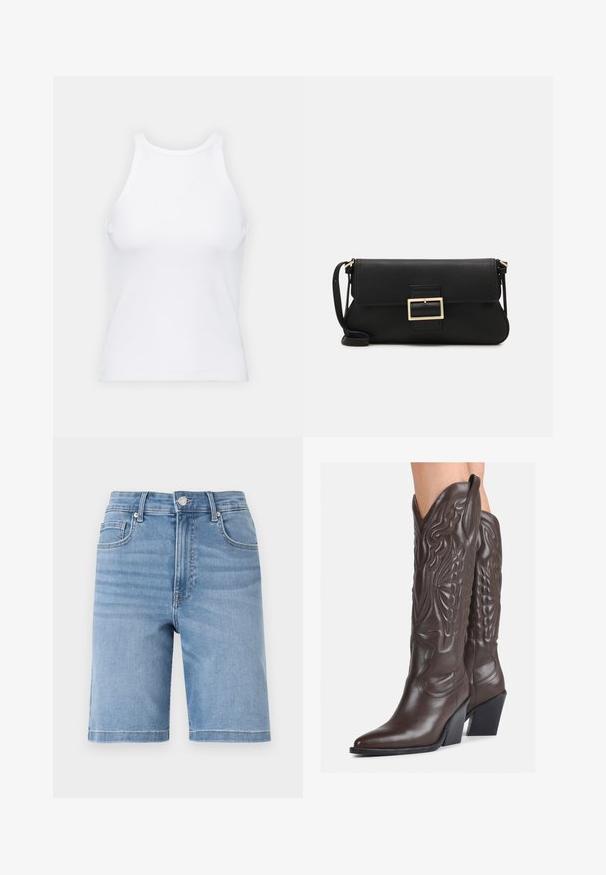Balta bezpiedurkņu topiņš no ribotā auduma, ar noapaļotu kakla izgriezumu un pieguļošu siluetu, ar minimālām šuvēm un bez rotājumiem.; Gaiši zili džinsu šorti ar taisnu piegriezumu, piecu kabatu dizainu un metāla pogas aizdari. Mīksta tekstūra ar vieglu izbalējumu.; Brūni ādas kovboju zābaki ar norādītu purngalu un blokveida papēdi, ar detalizētu šūšanu un paceltiem akcentiem uz kājas daļas.; Melnas ādas saķeres soma ar atloku un zelta metāla sprādzi. Ietver melnu siksnu un elegantu, minimālistisku dizainu.