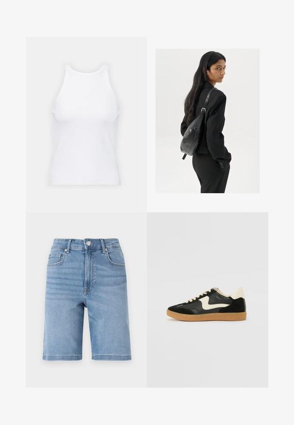 Balta bezpiedurkņu topiņš no ribotā auduma, ar noapaļotu kakla izgriezumu un pieguļošu siluetu, ar minimālām šuvēm un bez rotājumiem.; Gaiši zili džinsu šorti ar taisnu piegriezumu, piecu kabatu dizainu un metāla pogas aizdari. Mīksta tekstūra ar vieglu izbalējumu.; Melna zamšāda un ādas sporta apavi ar krēmkrāsas sānu svītru un gaiši krēmkrāsas papēdi. Ar beigu krāsas auklām un gumijas zole.; Sieviete ar garām tumšām matiem, ģērbusies melnā uzvalkā, nēsā melnu ādas plecu somu un skatās pāri plecam uz balta fona.