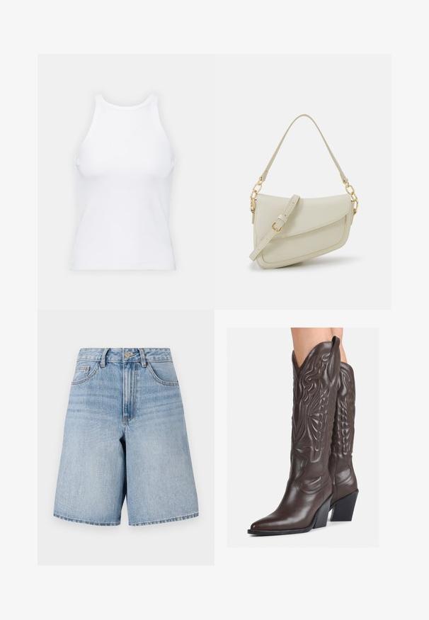 Fehér ujjatlan trikó ribbed anyagból, lekerekített nyakkivágással és testhez simuló siluettel, minimális varrásokkal és díszítések nélkül.; Tavaszi kék farmer rövidnadrág magas derékkal, széles lábakkal és elülső zsebekkel. Felül gombbal és cipzárral záródik. Használt hatású textúra.; Barna bőr cowboy csizmák hegyes orral és blokk sarkal, részletes varrással és kiemelkedő díszítésekkel a szárán.; Kis krémszínű táska texturált felülettel, hosszú, állítható pánttal, láncos díszítéssel és fedéllel záródik. Aranyszínű fém részletek.