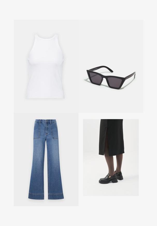 Balta bezpiedurkņu topiņš no ribotā auduma, ar noapaļotu kakla izgriezumu un pieguļošu siluetu, ar minimālām šuvēm un bez rotājumiem.; Platās kāju zila džinsu bikses, izgatavotas no denima, ar augstu jostasvietu, priekšējām kabatām un tīru apakšmalu ar kontrastējošu šuvju izšuvumu.; Melni ādas apavi ar noapaļotu purngalu, biezām bloku papēžiem un elastīgiem sānu akcentiem, apvienoti ar tumšām zeķubiksēm un melnu svārku ar šķirbu.; Melni, stūrveida saulesbrilles ar pelēkiem objektīviem; izgatavotas no plastmasas, ar biezām kājām, kam ir gluda virsma un nav redzamu stiprinājumu.; Sudraba gredzenveida auskari ar minimālistisku dizainu. Cirkulāra forma, gluda tekstūra un plāns profils. Vieglu svaru ar spīdīgu apdari.