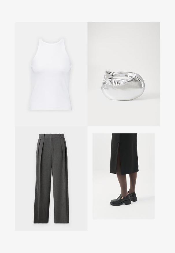 Biela bezrukávová tielko vyrobené z rebrovanej látky, s okrúhlym výstrihom a priliehavým strihom, s minimálnymi švami a bez ozdôb.; Široké nohavice v tmavošedej látke s textúrovaným povrchom. Obsahujú prešité skladby a vysoký pás pre upravený vzhľad.; Čierne kožené topánky s okrúhlou špičkou, silným blokovým opätkom a elastickými bočnými akcentmi, skombinované s tmavými pančuchami a čiernou sukňou so štiepením.; Strieborná metalická taška s mäkkým, zaobleným tvarom a uzáverom s uzlíkom. Vyrobená z hladkej syntetickej kože.; Strieborné kruhové náušnice s minimalistickým dizajnom. Cirkulárny tvar, hladký povrch a tenký profil. Ľahké s lesklým povrchom.