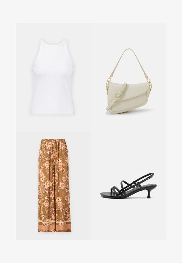 White sleeveless tank top made of ribbed fabric, featuring a rounded neckline and a fitted silhouette, with minimal seams and no embellishments.; Floral wide-leg trousers in olive green with pink and cream flower patterns. Features an elastic waistband and a contrasting hemline.; Black heeled sandals with multiple crisscross straps. Smooth material, pointed toe, and narrow heel. Adjustable ankle strap with buckle.; Small cream handbag with a textured finish, a long adjustable strap, a chain accent, and a flap closure. Gold hardware detailing.; Gold hoop earrings with a smooth, shiny finish. Circular design featuring a small post and clear backing for secure wear.
