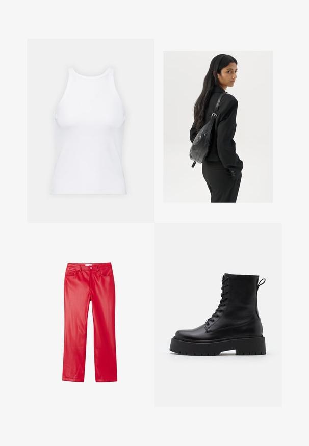 Valge ilma varrukateta T-särk, mis on valmistatud ribakangast, ümarate kaelustega ja kitseneva siluetiga, minimaalse õmbluste ning ilma kaunistusteta.; Punased kunstnahast püksid, millel on sile disain, sirge jala kuju, viis taskut ja sile, läikiv tekstuur.; Mustad mustad nahast pahkluu saapad ümarate varvastega, nööridega esiosas ja paksu kummist talla ning tekstuuritud mustriga. Tagumine tõmbeaas.; Pikkade tumehaired naine mustas ülikonnas, kandes musta nahast õlakotti, vaatab üle õla valge tausta taustal.
