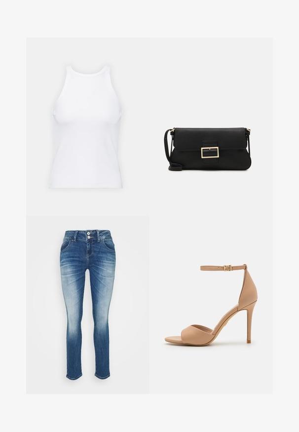 Top de tirantes blanco sin mangas hecho de tela acanalada, con un escote redondeado y una silueta ajustada, con costuras mínimas y sin adornos.; LTB Vaqueros pitillo - lilliane wash; ALDO CRERIDE PILLOW WALK - Sandalias - beige; Bolso de mano de cuero negro con una solapa y un detalle de hebilla de metal dorado. Incluye una correa negra y un diseño elegante y minimalista.; Aretes de aro de oro con un acabado suave y brillante. Diseño circular que presenta un pequeño post y un respaldo transparente para un uso seguro.
