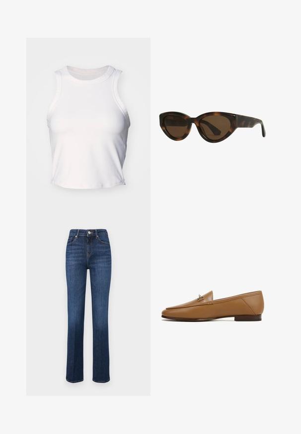 Weißes ärmelloses Croptop aus glattem, dehnbarem Stoff. Besitzt einen runden Ausschnitt und dezente Nähte entlang der Kanten.; Dunkelblaue gerade Jeans mit mittelhohem Bund, Knopfverschluss sowie Vorder- und Hintertaschen.; Braune Lederloafer mit einem eleganten Design, flacher Sohle und einem metallischen Akzent an der Vorderseite. Glatte Textur mit klaren Linien und minimalen Details.; Schildpatt-farbene Cat-Eye-Sonnenbrille mit braunen Gläsern, ausgestattet mit glatten, glänzenden Kunststoffrahmen und einem eleganten Design. Keine sichtbaren Logos oder Akzente.; Runder goldener Anhänger mit einer glatten, spiegelnden Oberfläche, die von einem strukturierten, Perlenrand umgeben ist, sowie einer Schlaufe zur Befestigung.