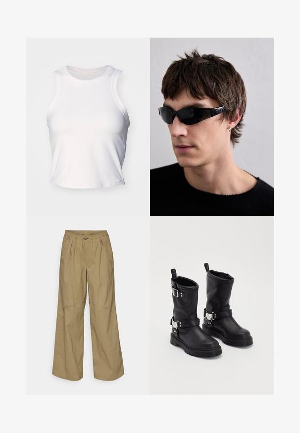Bílý bezrukávový crop top vyrobený z hladkého, elastického materiálu. Má zaoblený výstřih a jemné švy podél okrajů.; Tkané kalhoty v khaki barvě s širokými nohavicemi, zdobené texturovaným povrchem, s páskem na stažení a bočními kapsami.; Černé kožené kotníkové boty se robustní podrážkou, vybavené bočním řemínkem se sponou a dekorativními prvky. Hladký povrch s poutkem.; Černé sluneční brýle s hladkým, obepínajícím designem a lesklým povrchovým úpravou. Mají logo na stranách a lehký rám.