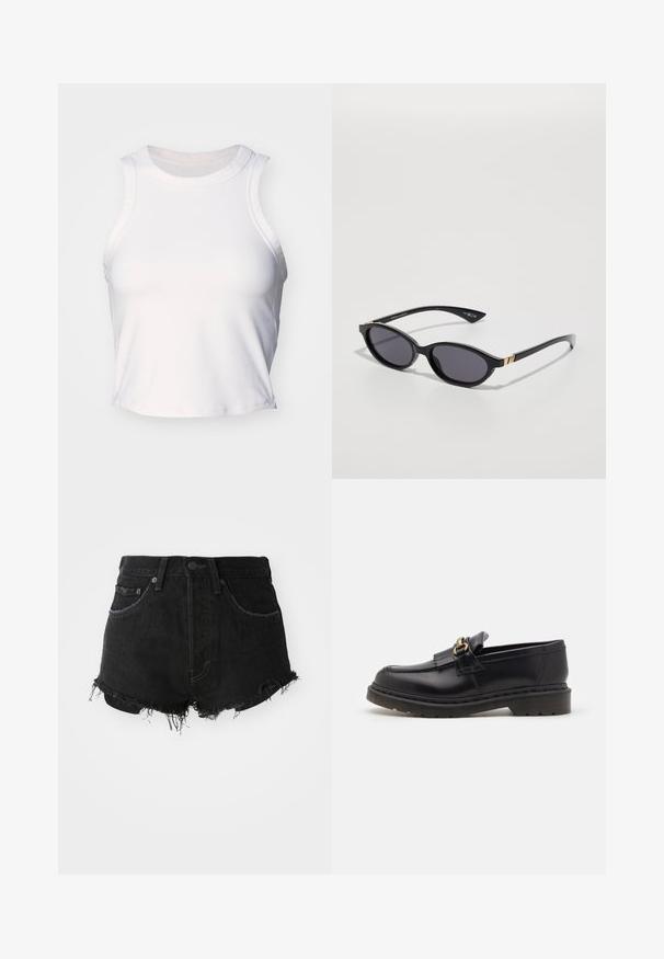 Hvit ermeløs crop top laget av glatt, elastisk stoff. Har en rund halslinning og subtile sømdetaljer langs kantene.; Sorte denimshorts med frayed kant, klassisk fem-lomme-design og metallknap-lukning. Har høj talje og slidte tekstur.; Sorte skinnloafers med rund tå, dekorativ frynse og gullbeslag. Tyk gummisåle for ekstra grep og holdbarhet.; Svarte solbriller med ovale linser, mørk gradienttint og tynne armer med subtile gullaksenter. Glatt plastfinish.