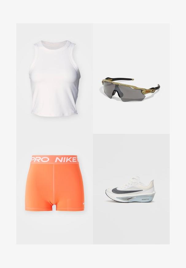 Biely bezramienkový crop top vyrobený z hladkej, elastickej látky. Obsahuje zaoblený výstrih a jemné stehy pozdĺž okrajov.; Nike Pro šortky v jasne oranžovej farbe. Vyrobené z hladkého, elastického materiálu s bielym logom a písmenami na páse. Má minimalistický dizajn.; Biele bežecké tenisky s priedušným vrchným dielom z mäkkej sieťoviny, modrými akcentmi a jedinečným dizajnom medzičlánku so zjavnou tlmiacou sústavou.; Športové slnečné okuliare so zeleným vzorovaným rámom, čiernymi stranami a šedými šošovkami. Dizajn obsahuje okrúhly štýl s odvážnym, športovým tvarom.