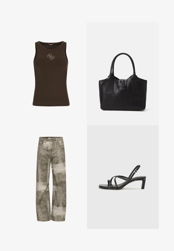Smeđi rebrasti top bez rukava s okruglim izrezom i malim logom ukrašenim rhinestones na prednjoj strani. Glatka tekstura i uski kroj.; Široke hlače u izblijedjeloj maslinasto zelenoj boji s bež apstraktnim uzorcima. Imaju klasičan dizajn s pet džepova i metalne detalje.; Crne sandale s trakama, kvadratnim prstom i niskom blok petom. Ima više tankih trakica i podesivu trakicu oko gležnja. Izrađene su od glatke kože.; Crna kožna torba za nošenje s glatkom teksturom, strukturiranim oblikom, dvije ručke i istaknutim srebrnim kopčanjem na prednjoj strani.