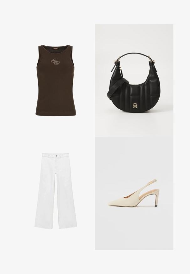 Bruine geribde tanktop met een ronde hals en een klein logo versierd met strasssteentjes aan de voorkant. Gladde textuur en slim fit.; Witte, wijde jeans met een knoopsluiting en vijf zakken, vervaardigd uit denim met een soepele textuur, met een klassiek ontwerp.; Beige leren slingback hakken met een spitse neus, open zijkant en een slanke hoge hak. Voorzien van een gouden accent op de band.; Zwarte leren handtas met een gebogen vorm, gevoerd textuur en gouden hardware. Beschikt over een afneembare schouderband en logo-detail.
