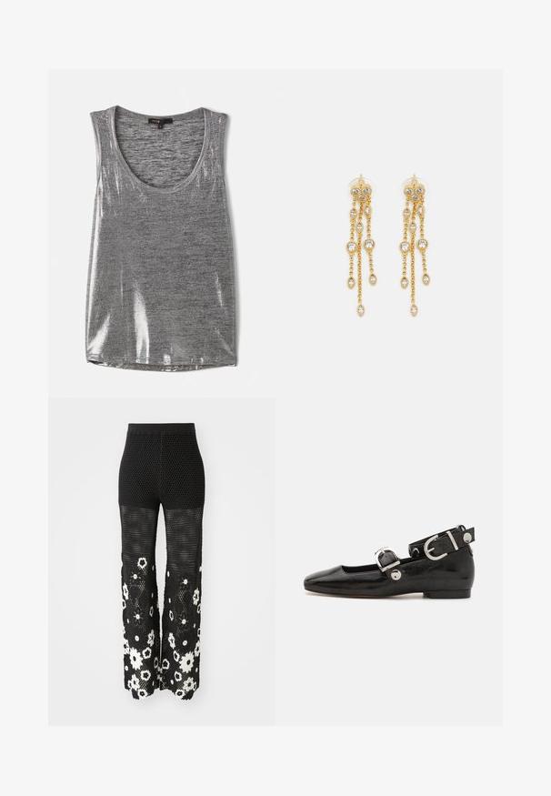 Top gri fără mâneci, cu decolteu rotund, realizat dintr-un material ușor lucios, având o textură netedă și o croială standard.; Maje POCHETTY - Pantaloni - noir/blanc; Pantofii plano din piele patent neagră, cu vârful pătrat, curea de gleznă cu accesorii din argint și talpă plată. Textură netedă cu un design minimalist.; Cercei aurii cu multiple lanțuri suspendate, având accente din rhinestone ovale clare și capete decorative cu tighel.