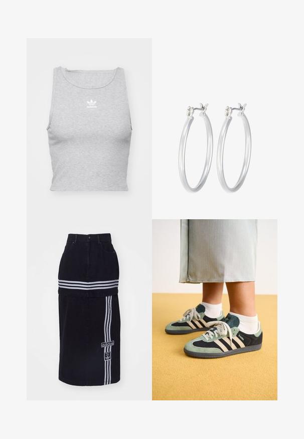Hallikas, ilma varrukat crop top pehmest kangast, ümarate kaelustega ja väikese valge Adidas logo'ga rinna peal.; Musta denimsinine seelik kõrge vöökohaga, millel on kaks valget horisontaalset triipu, Adidas logo silt külje peal ja sirge lõikega disain.; Roheline ja must linane sneakerid kreemjate triipudega, millel on struktuurne ülemine osa ja nööpide sulgemine, kollasel taustal.; Hõbedased rõngaskõrvarõngad, millel on sile, läikiv viimistlus. Ümmargune kuju ja turvaline klõpsulatus. Kerge disain, sobib igapäevaseks kandmiseks.
