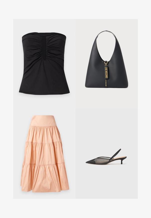 Juodas bepečių topas, pagamintas iš lygaus audinio, su susiraukšlėjimo detalėmis priekyje ir tiesia apatine briauna. Nėra matomos įrangos ar raštų.; Persiko spalvos, sluoksniuota sijonas pagamintas iš lengvos medžiagos. Yra platus liemuo ir švelni burbuliuojanti tekstūra visame paviršiuje.; NEOUS IRENA - Klasikiniai aukštakulniai - black; Juodas odinis petinis krepšys su plačiu dirželiu, auksinėmis detalėmis ir dviem kabančiomis etiketėmis, ant kurių išraižytomis auksinėmis raidėmis užrašyta "LOVE MOSCHINO".