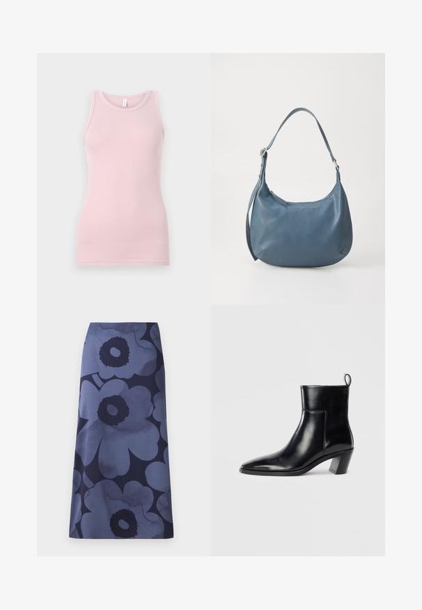 Svetlo roza majica na naramnice, izdelana iz mehkega, raztegljivega materiala. Ima okroglo ovratnico in ozke naramnice, z gladko teksturo in prilegajočo se obliko.; Midi krilo s cvetličnim vzorcem, ki ima velike temno modre cvetove na svetlejšem modrem ozadju; tkanina se zdi gladka z rahlo sijočo teksturo.; Črne usnjene gležnjarje s koničastim prstom, geometrijsko oblikovanim zloženim peto in zanko na hrbtni strani. Gladka tekstura in eleganten dizajn.; Modra usnjena torbica z zaobljeno obliko, enim naramnim ročajem, zadrgo in vtisnjenim imenom blagovne znamke na sprednji strani. Gladka tekstura.